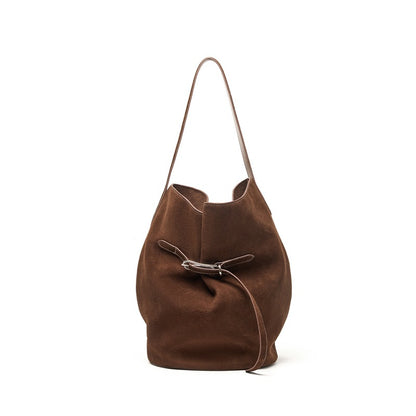 Top-Grain Suede Cowhide Shoulder Tote Bag in Coffee, 9.8 x 6.7 x 13.8 in