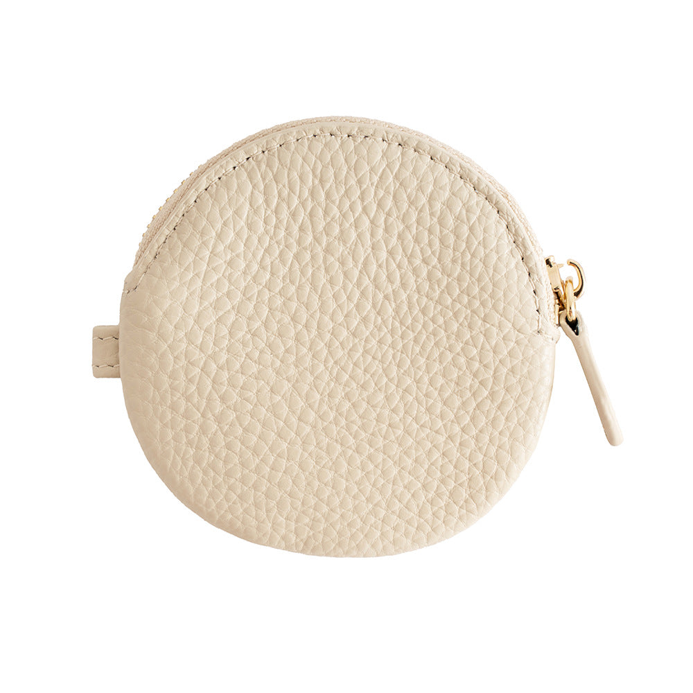 Cowhide Leather Micro Round Coin Purse with Zipper in Ivory