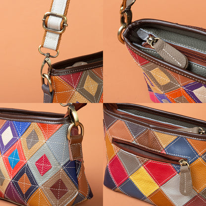 Close-up collage of strap fittings, zip pocket, and patchwork stitching