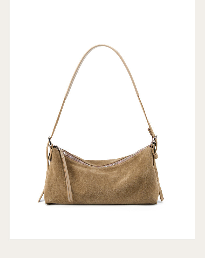 Khaki suede shoulder bag shown from the front
