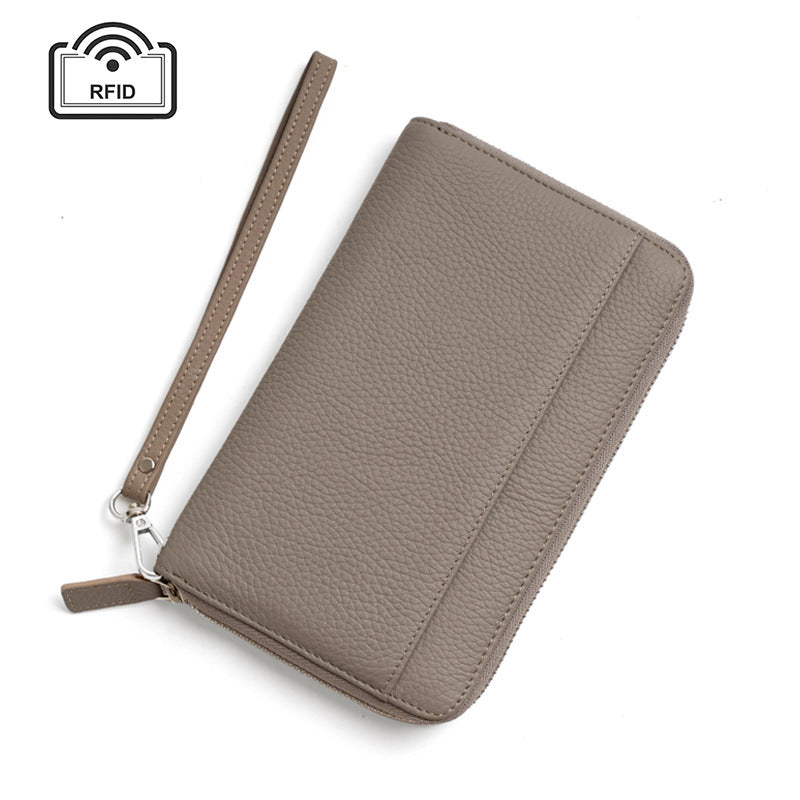 Linen grey genuine leather RFID wallet with detachable wrist strap