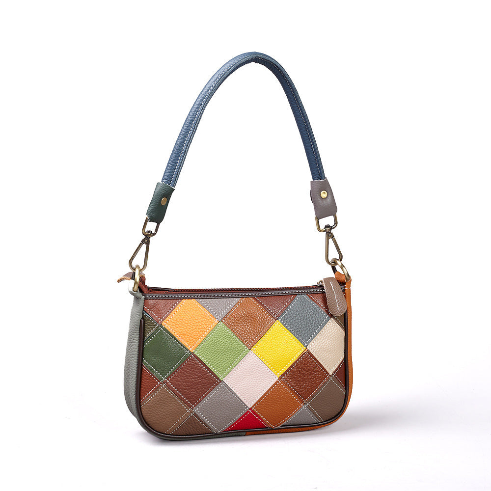 Reverse view of the geometric multicolor patchwork bag