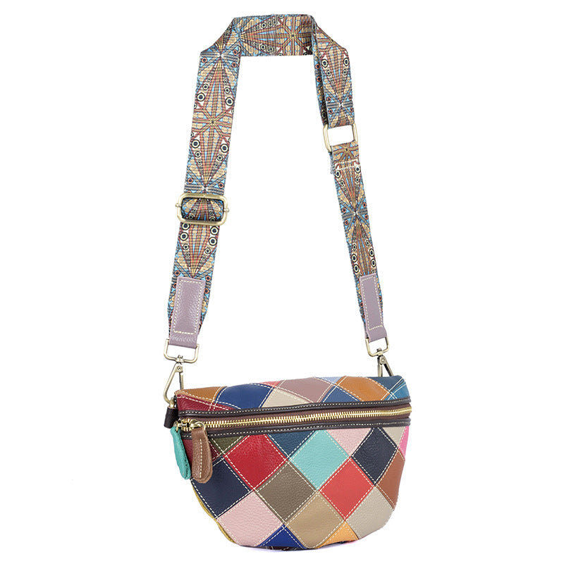 Multicolor top-grain cowhide patchwork crossbody bag with patterned strap, front view
