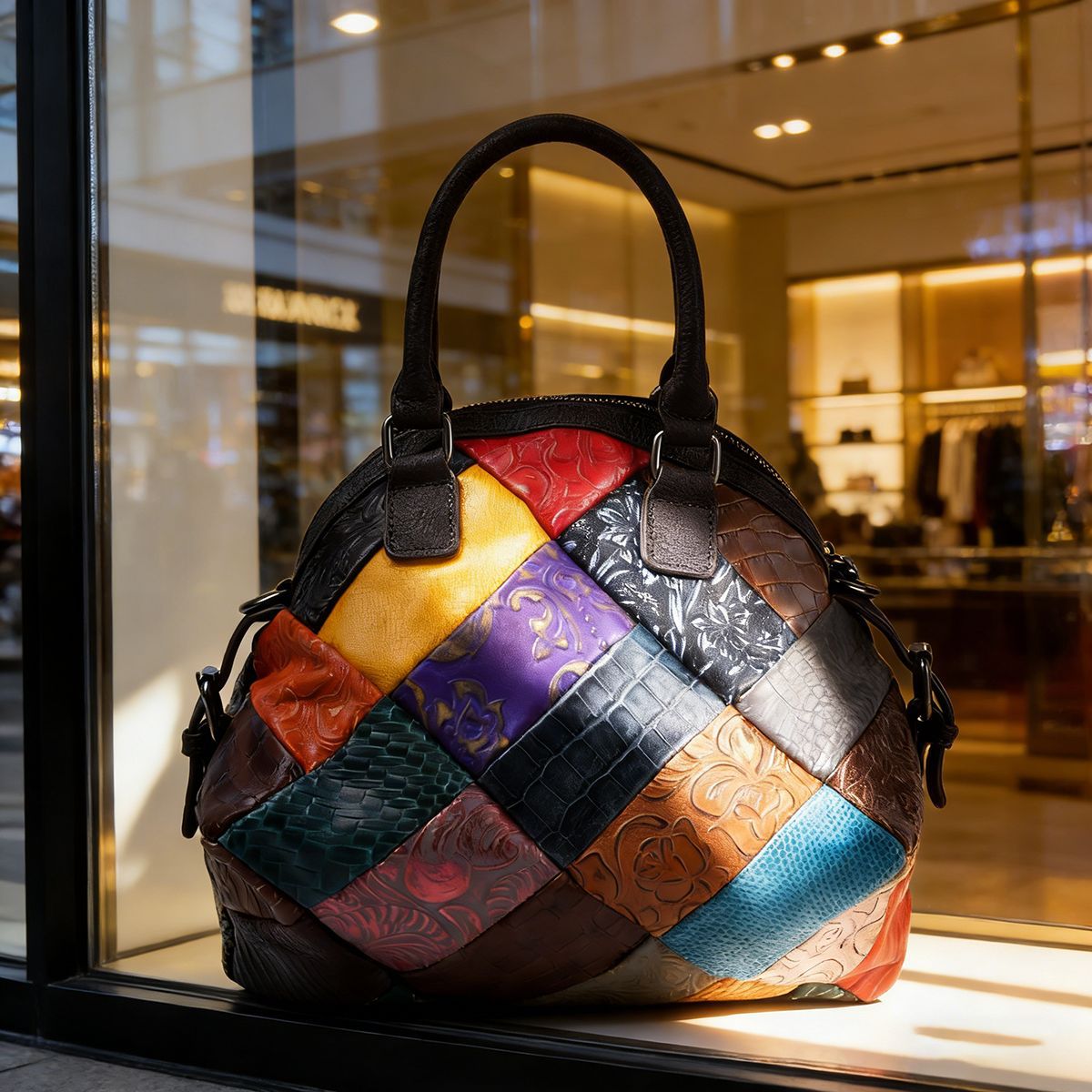 Colorful leather patchwork shoulder bag displayed in a storefront