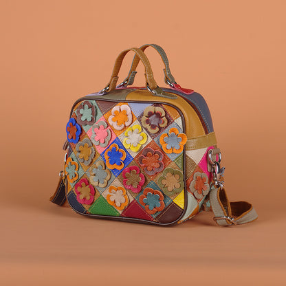 Multicolor and black-and-white floral cowhide bags shown together