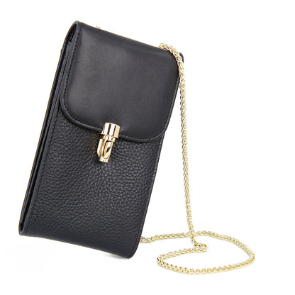 Black cowhide vertical phone crossbody bag with gold-tone chain strap and turn-lock closure