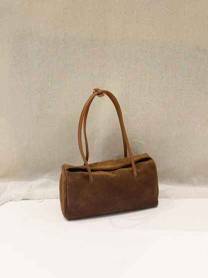 Coffee brown nubuck Boston tote shown from the front