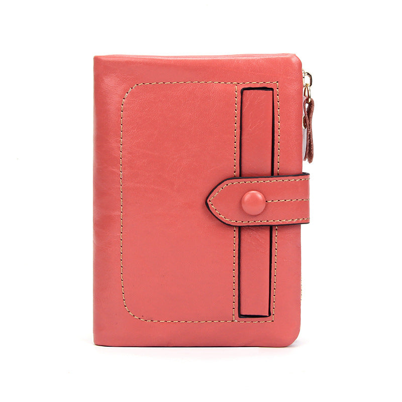 Cowhide Leather Short Wallet 12 Card Slots Zip Coin in Pink