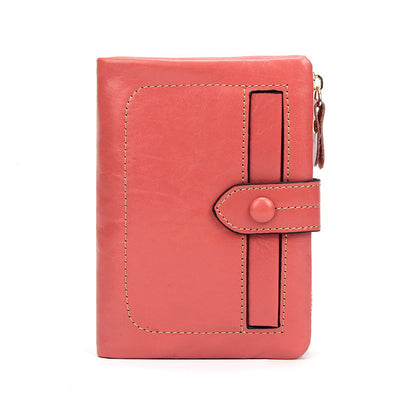 Cowhide Leather Short Wallet 12 Card Slots Zip Coin in Pink