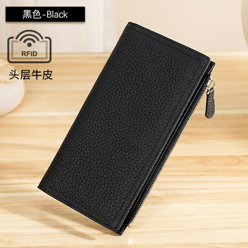 Top-Grain Cowhide Long Wallet with RFID-Blocking Lining in Black