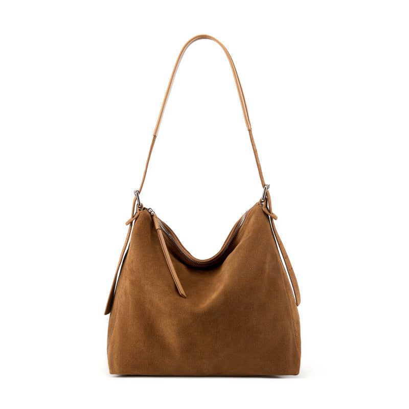 Suede Cowhide Small Plus Shoulder Tote Bag in Caramel