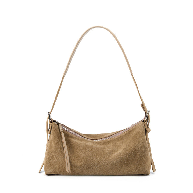 Suede Cowhide Shoulder Bag in Khaki