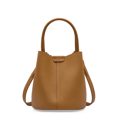 Biscuit brown pebbled cowhide mini bucket bag with top handle
