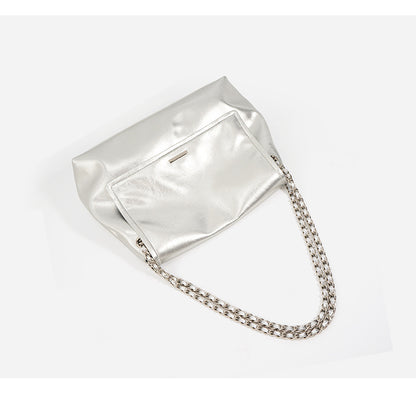 Top-down view of silver cowhide leather chain shoulder bag showing chain strap detail