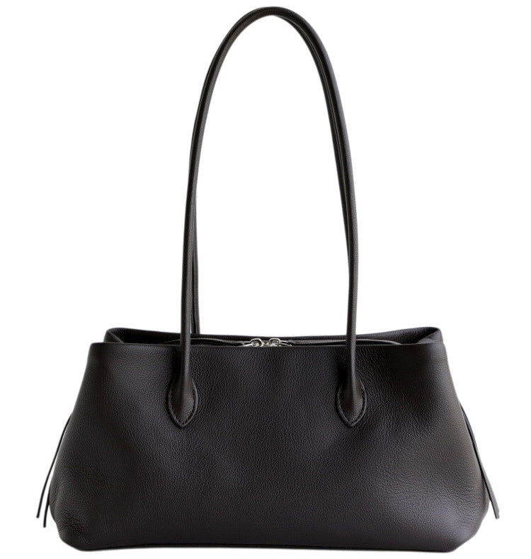 Black leather shoulder tote front view