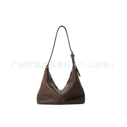 Top-Grain Cowhide Shoulder Hobo Bag in Brown, Large