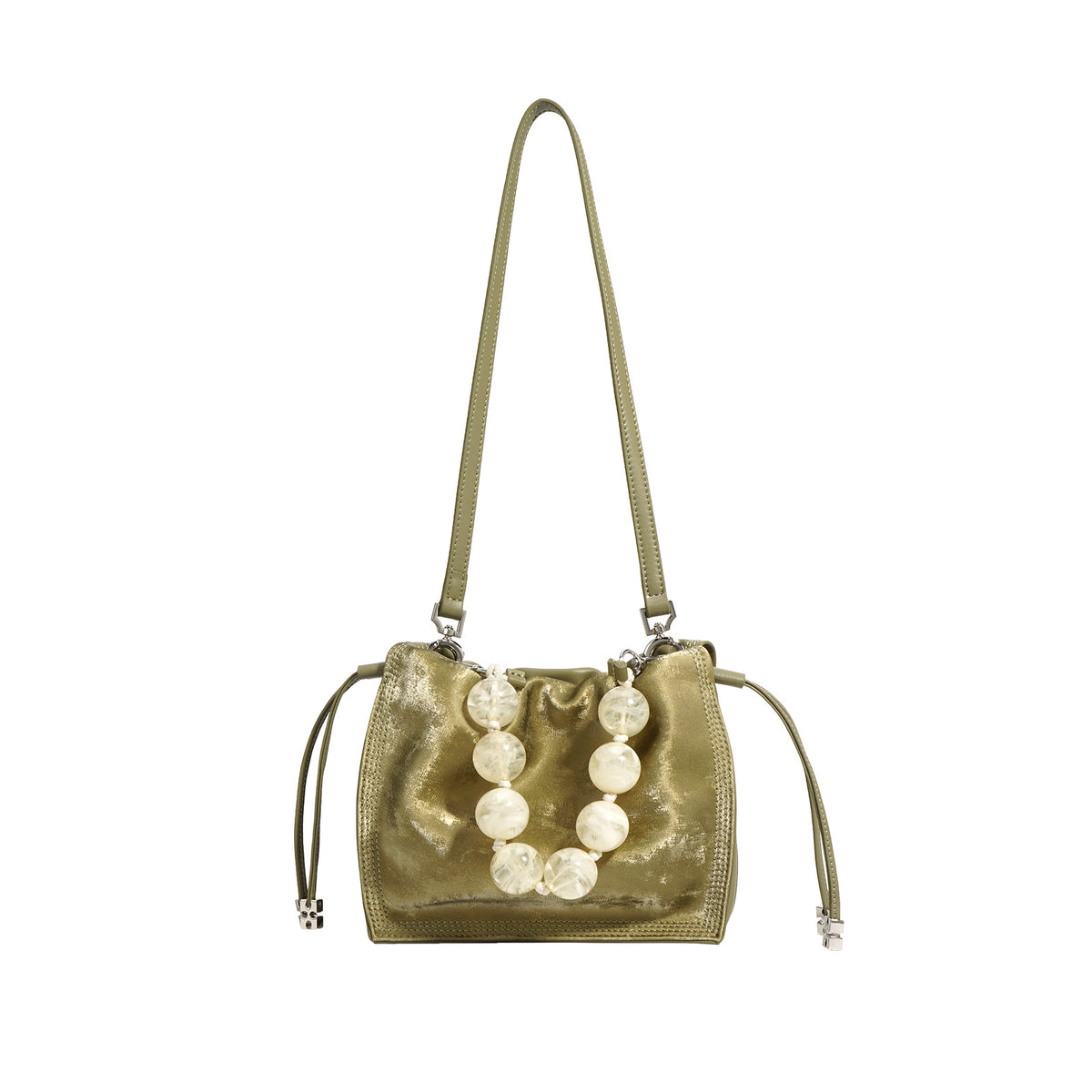 Front view of champagne mini bucket bag with both straps extended upward