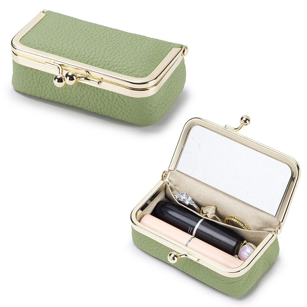 Top-Grain Cowhide Lipstick and Jewelry Pouch with Mirror in Light Green