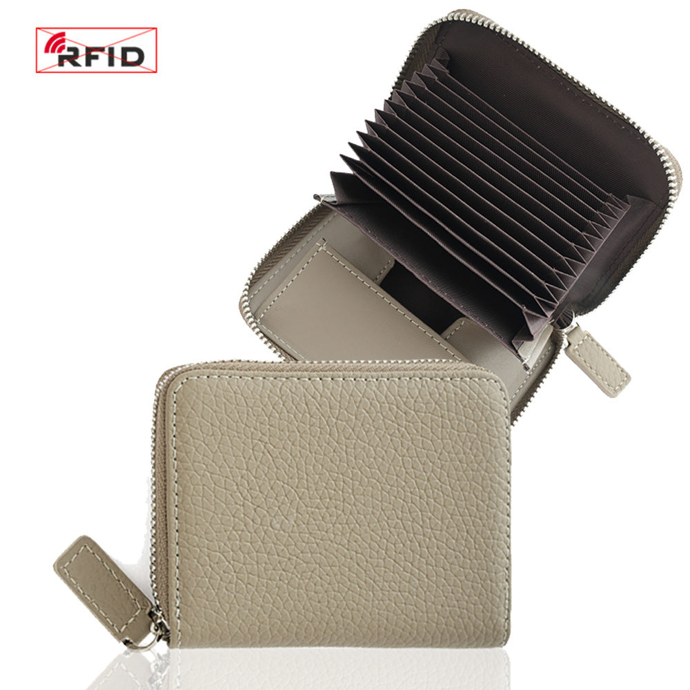 Top-Grain Cowhide Zip Wallet with RFID-Blocking Card Slots in Beige