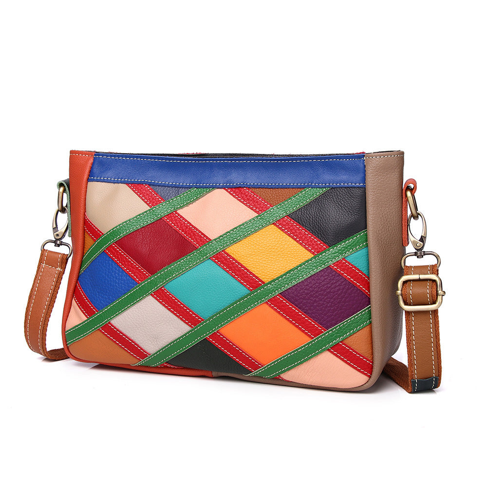 Alternate front angle showing colorful geometric leather panels