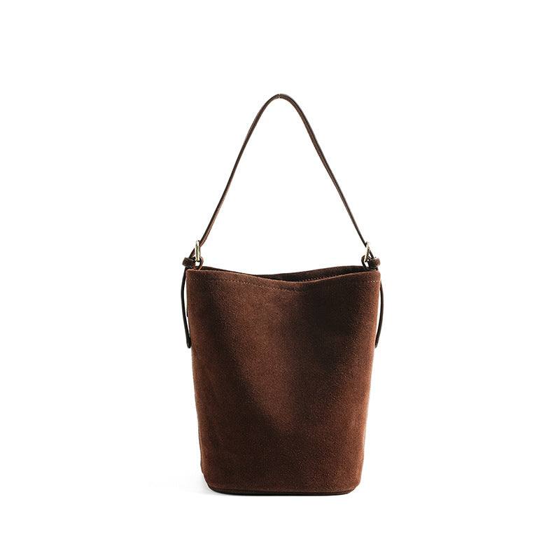 Suede Cowhide Bucket Shoulder Bag in Coffee