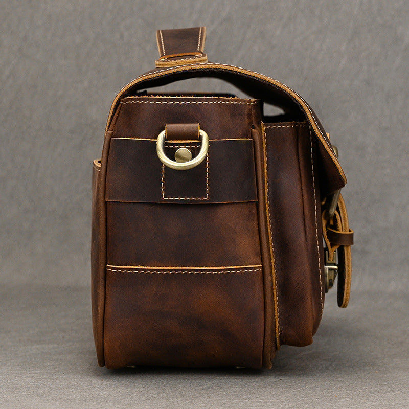 Side profile showing the depth and stitched leather panels