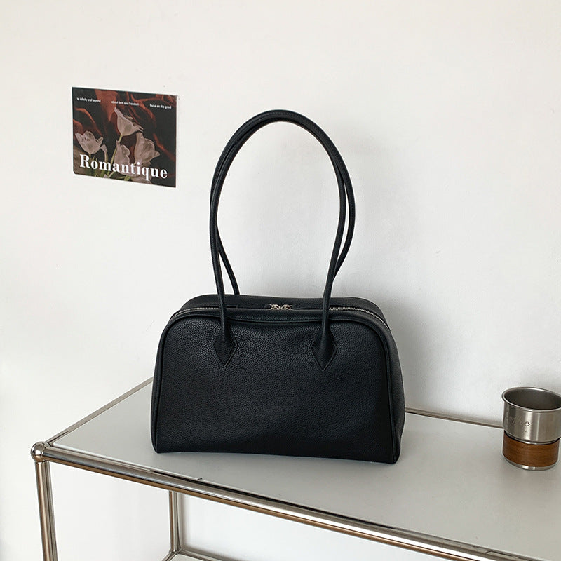 Black pebbled cowhide Boston shoulder bag with dual handles