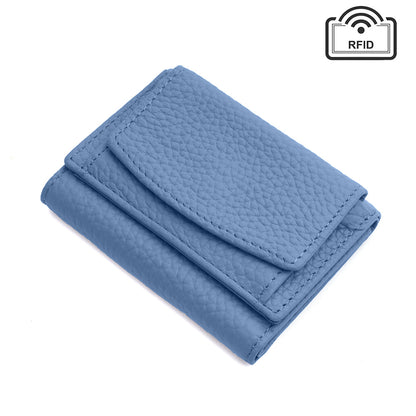 Blue textured tri-fold wallet shown at an angle
