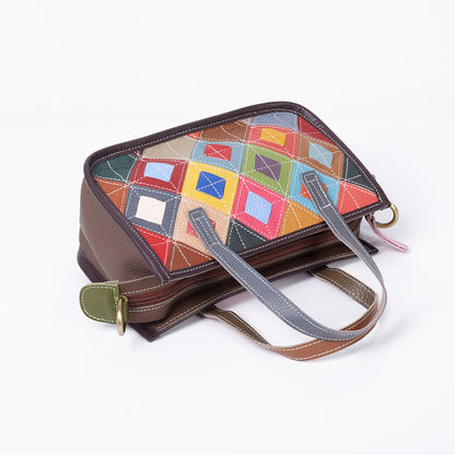 Top view showing the zip closure and patchwork exterior