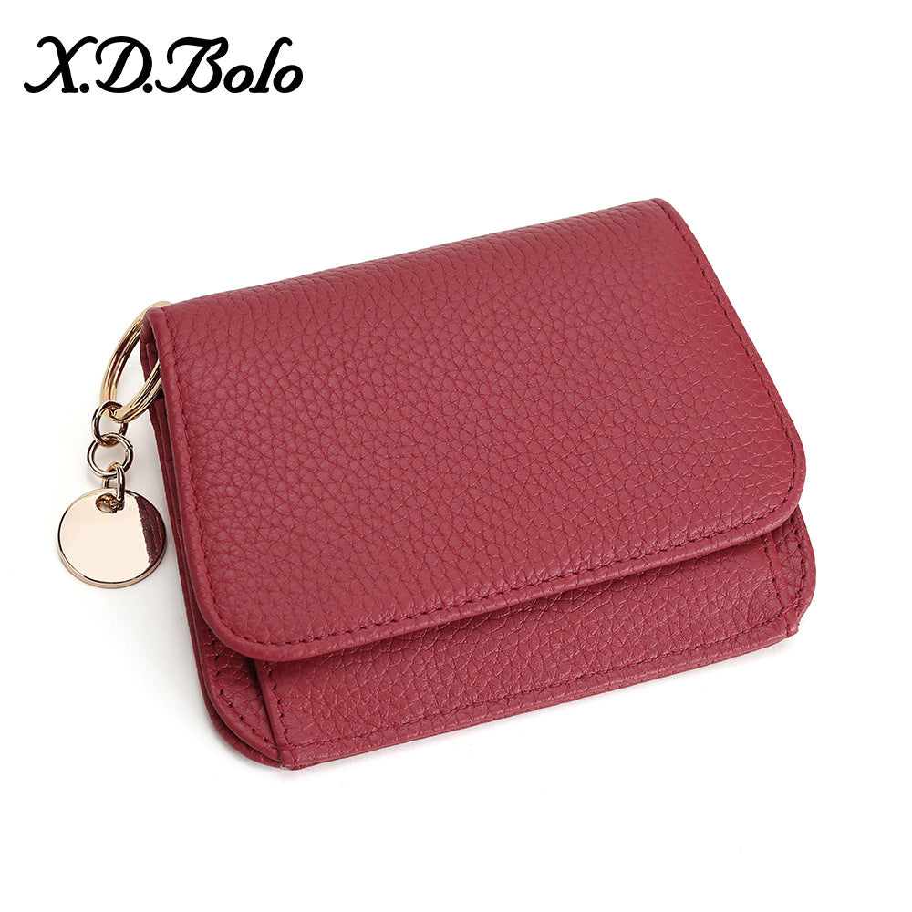 Genuine Leather RFID-Blocking Mini Wallet with Keyring Charm in Round Tag Red