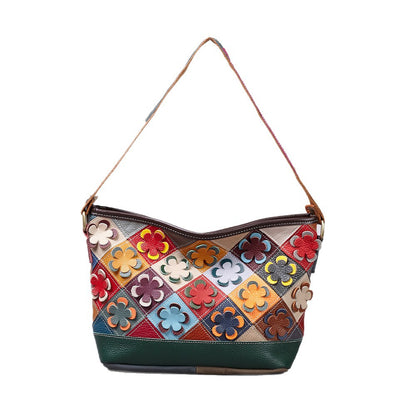 Front view of the colorful flower applique bag