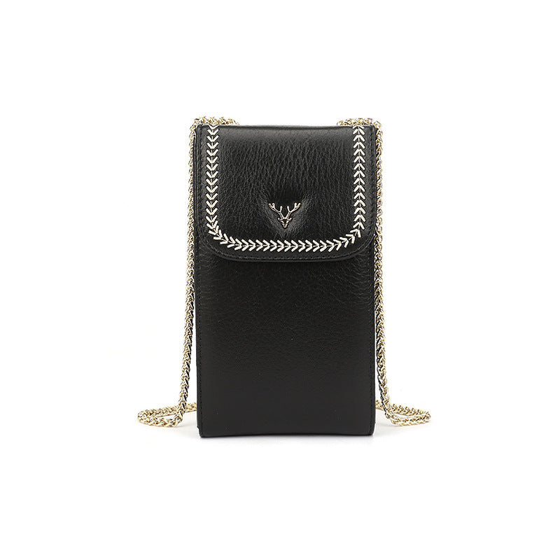 Top-Grain Cowhide Micro Crossbody Phone Bag with Chain Strap in Black