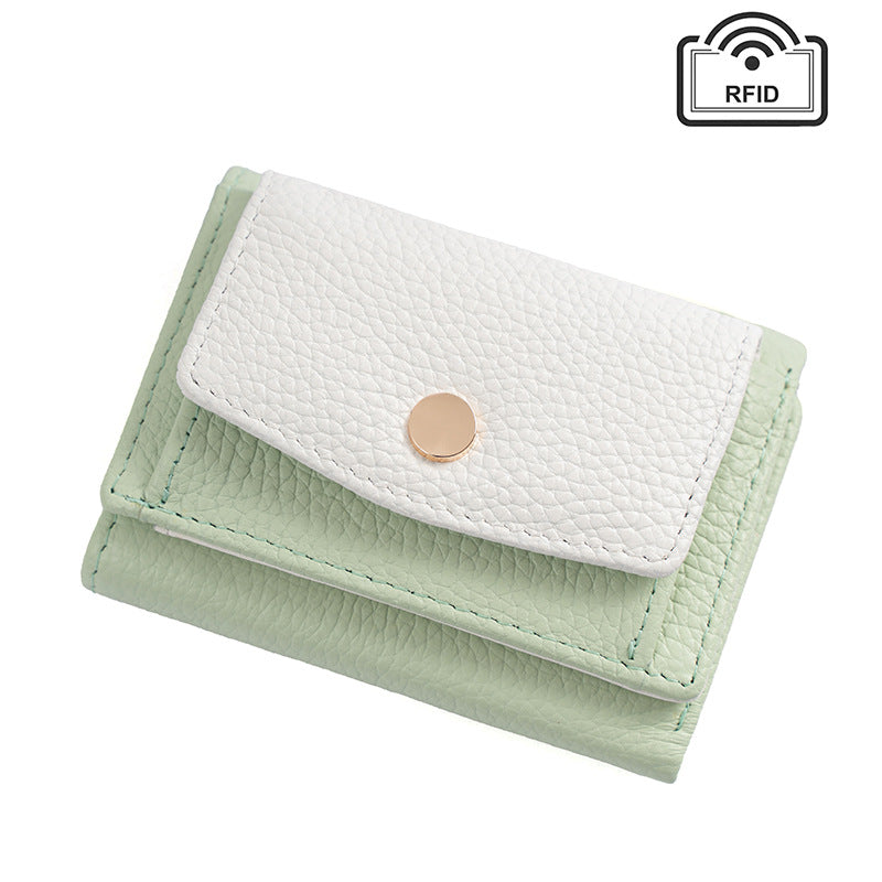 Cowhide Tri-Fold RFID-Blocking Wallet in Light Green Color Block