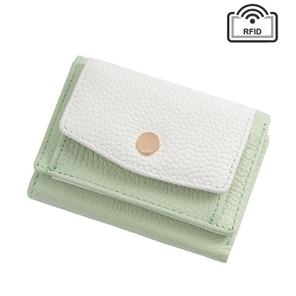 Cowhide Tri-Fold RFID-Blocking Wallet in Light Green Color Block