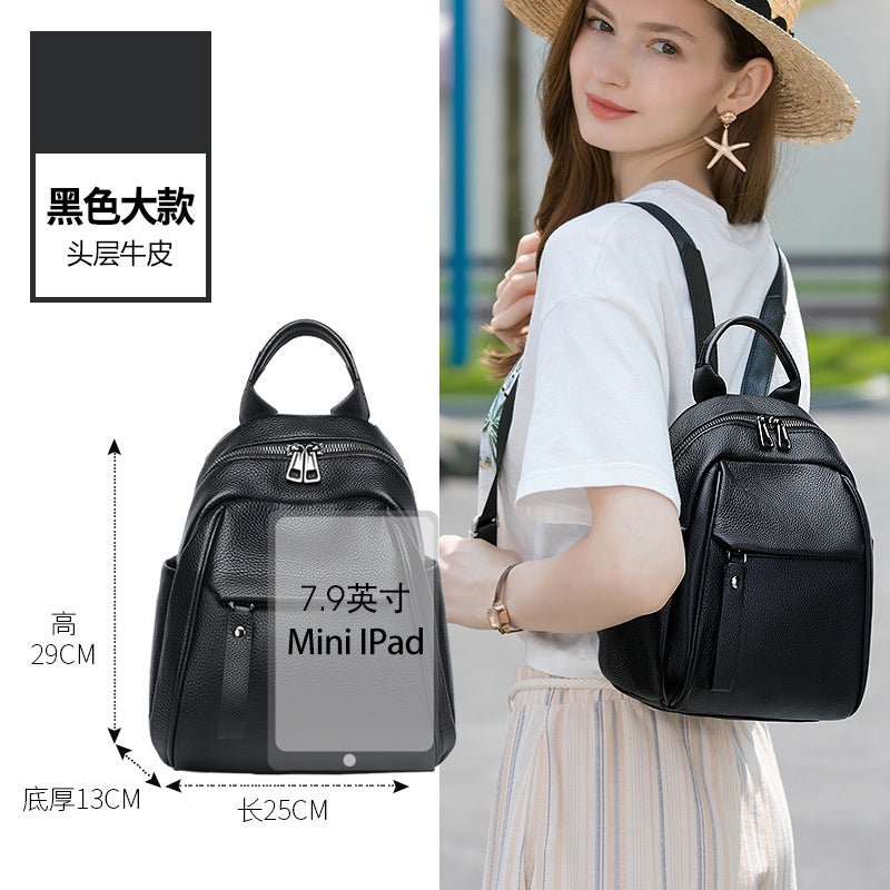Top-Grain Cowhide Backpack with Multiple Pockets in Black - Large