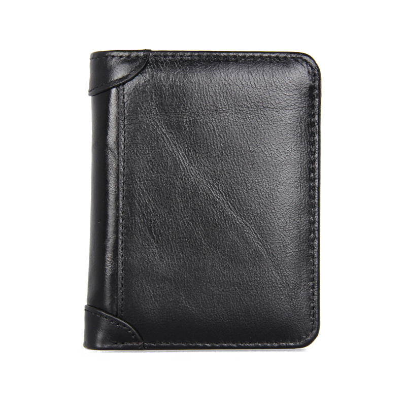 Black cowhide leather bifold wallet with oil-wax finish shown closed from the front