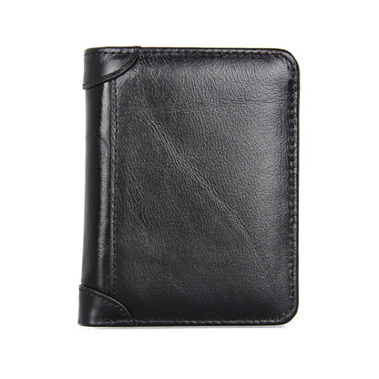 Black cowhide leather bifold wallet with oil-wax finish shown closed from the front