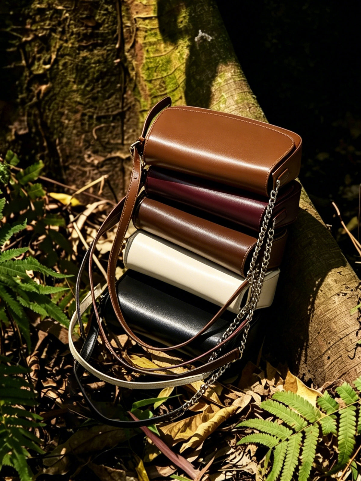 Five cowhide baguette bags stacked in black, off-white, brown, coffee, and wine red