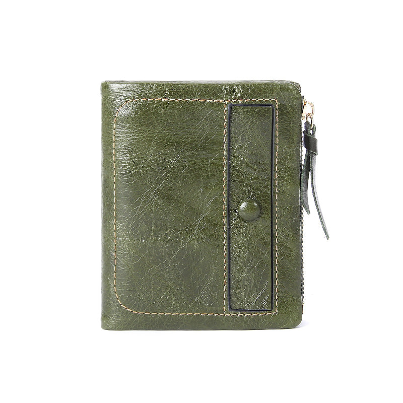 Bean green top-grain cowhide vintage vertical short wallet front view with contrasting topstitching and snap closure