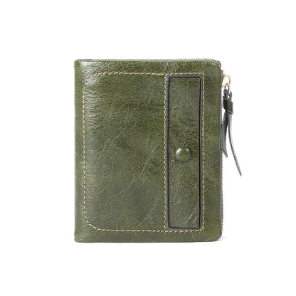 Bean green top-grain cowhide vintage vertical short wallet front view with contrasting topstitching and snap closure