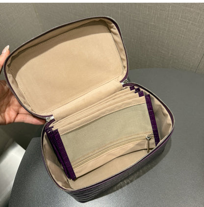 Bottom view of the purple pouch with its zipper visible