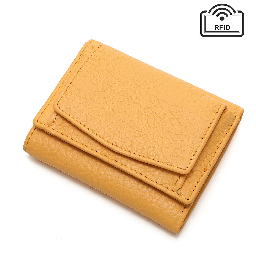 Orange leather wallet shown from an angled front view