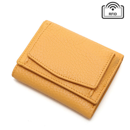 Orange leather wallet shown from an angled front view