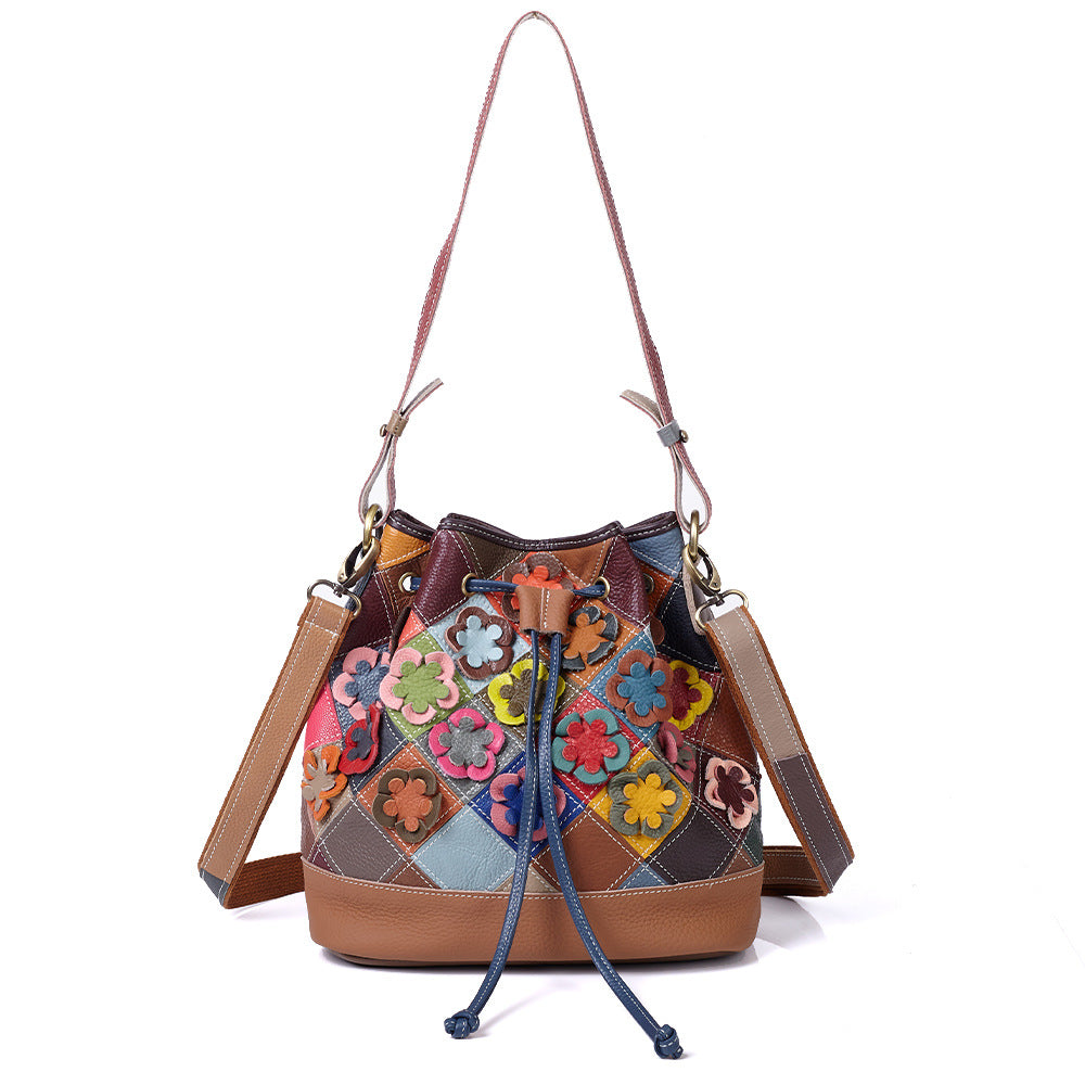 Multicolor top-grain cowhide bucket bag with flower appliques, front view