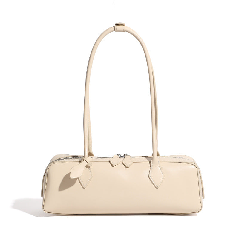 Cowhide Leather Small Plus Shoulder Baguette Bag in Off-White