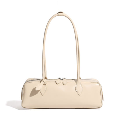 Cowhide Leather Small Plus Shoulder Baguette Bag in Off-White