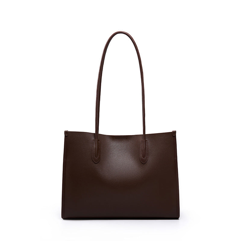 Soft Cowhide Leather Tote Bag, Spacious Shoulder Handbag in Coffee Brown