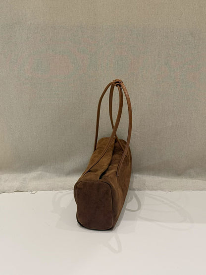 Coffee nubuck tote photographed from underneath