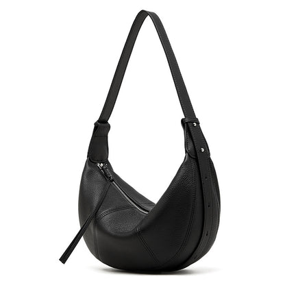 Black cowhide crescent hobo crossbody bag with adjustable strap
