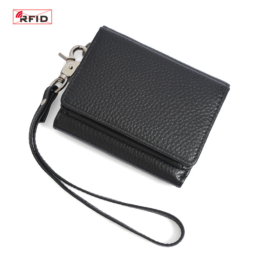 Cowhide Leather Tri-Fold RFID-Blocking Wallet in Black